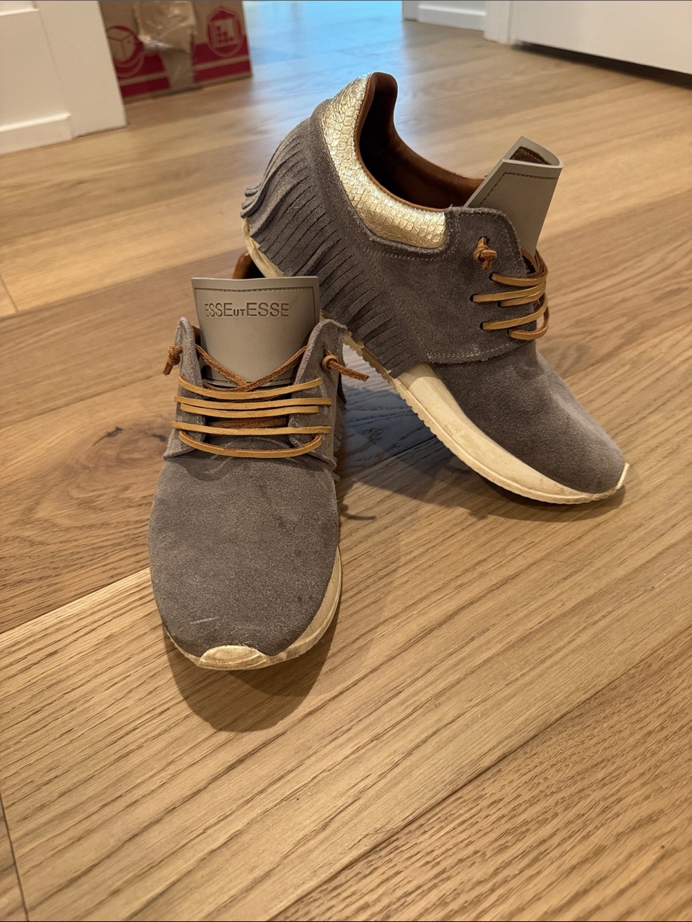 ESSEutESSE Women’s Gray Suede Sneakers with Gold Accent
